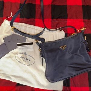 Prada Tessuto Nylon and Saffiano Leather Crossbody Bag in navy blue with Gold HW